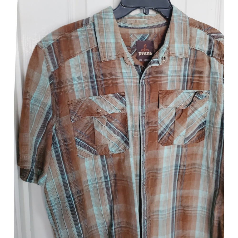 Prana Organic Cotton Outdoor Short Sleeve Plaid Snap Down Shirt Brown Blue L